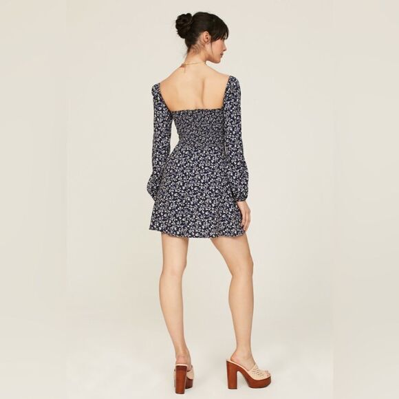Reformation Mochi Mini Midnight Navy Blue Dress Puff Sleeve Floral Size L - Picture 4 of 14